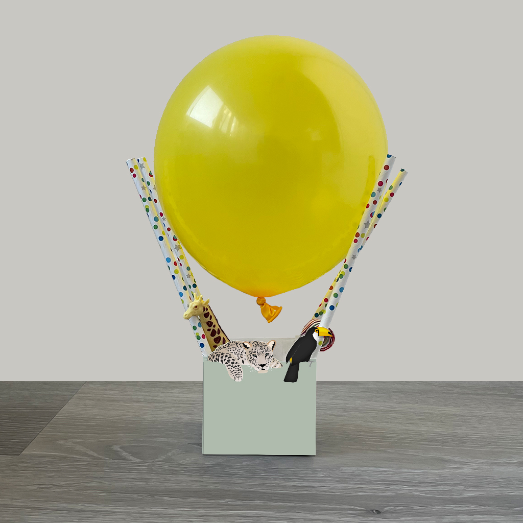 Traktatie luchtballon zelf maken. Traktatie jungle dieren. Jungle uitdeelcadeautjes. Makkelijk te maken traktatie. PDF printable.