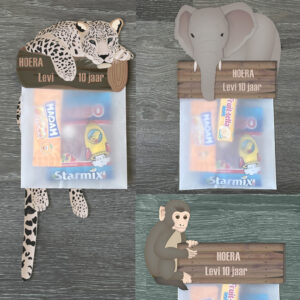 Traktatie labels - Jungle dieren - Luipaard, aapje en olifant - Printable