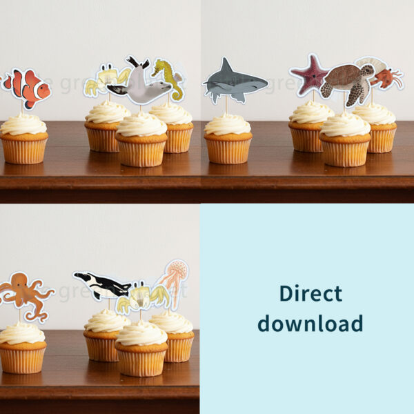 Traktatie prikkers - Zeedieren met contour - Printable. Zeedieren traktatie. Zeedieren traktatie prikkers. Kinderfeestje met zee thema, piraten thema of zeemeermin thema. Babyshower met zeedieren thema / onderwaterwereld thema.