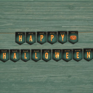 Halloween slinger - Happy Halloween tekst, pompoen en spook - Printable. Halloween slinger maken. Halloween printable. Halloween vlaggetjes. Halloween versiering maken.