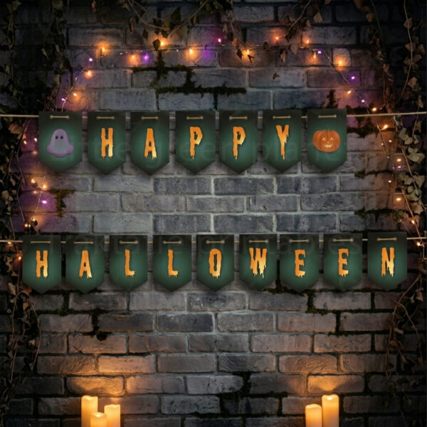 Halloween slinger - Happy Halloween tekst, pompoen en spook - Printable. Halloween slinger maken. Halloween printable. Halloween vlaggetjes. Halloween versiering maken.