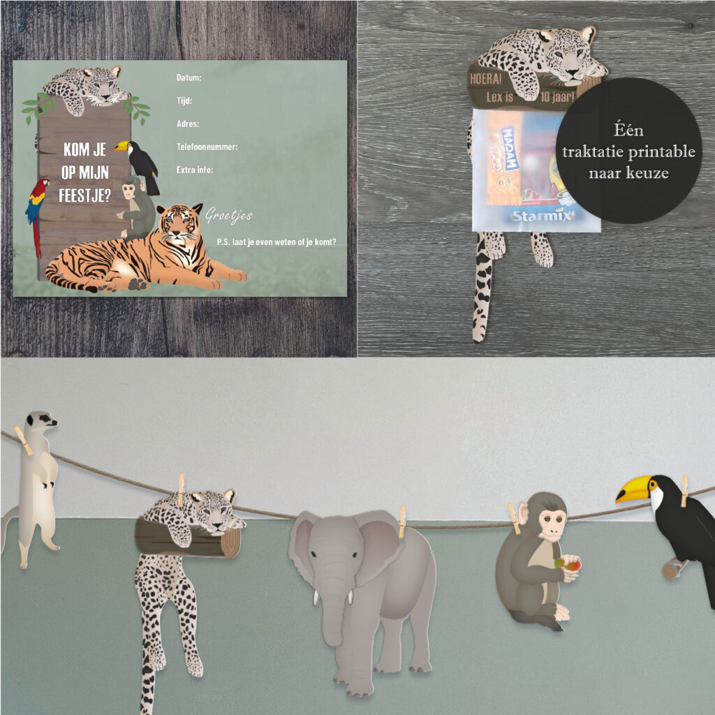 Feestpakket - Thema jungle - Uitnodiging, versiering en traktatie - Printables. Kinderfeestje jungle thema. Kinderfeestje met jungle dieren thema. DIY printables.