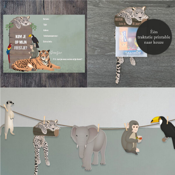 Feestpakket - Thema jungle - Uitnodiging, versiering en traktatie - Printables. Kinderfeestje jungle thema. Kinderfeestje met jungle dieren thema. DIY printables.
