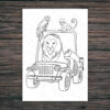 Kleurplaat – Jungle dieren in safari jeep – Printable. Kinderfeestje activiteiten thuis. Kleurplaat printen. Papegaai, toekan, aapje, leeuw. Jeep safari.