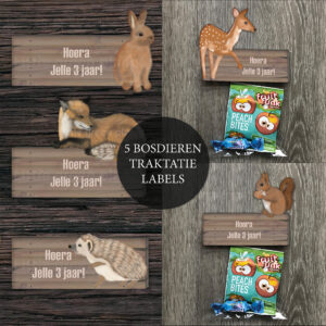 Bosdieren traktatie labels - Printable. Traktatie bosdieren. Traktatie printable. Vos, hert, konijn, egel en eekhoorn. Traktatie kdv en school. Bosdieren feestje. Woodland kinderfeestje.