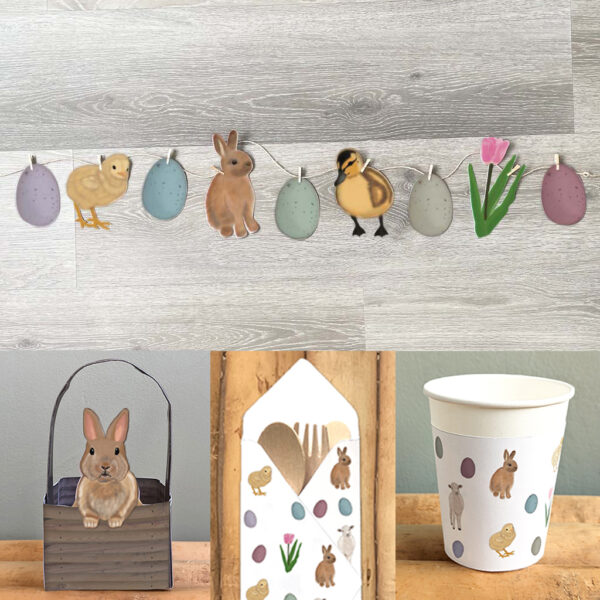Paas printable set - Slinger, Paasmandje & tafeldecoratie. Bestekzakjes. Beker wikkel. Beker wraps. Lente slinger.
