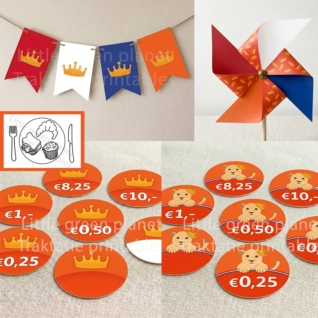 Koningsdag-printables-Koningsdag-slinger-Windmolentje-Prijskaartjes-Placemat-kleurplaat Koningsdag printable bundel. Koningsdag decoratie. Koningsdag versiering. Koningsdag slinger. Prijskaartjes rommelmarkt. Prijsstickers kleedjesmarkt. Windmolentje. Kleurplaat placemat Koningsdag ontbijt.