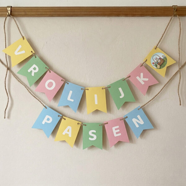 Vrolijk pasen slinger – Printable. Pasen vlaggetjes. Paasversiering diy. Paasdecoratie diy. Paas slinger printen. Paasslinger printable.