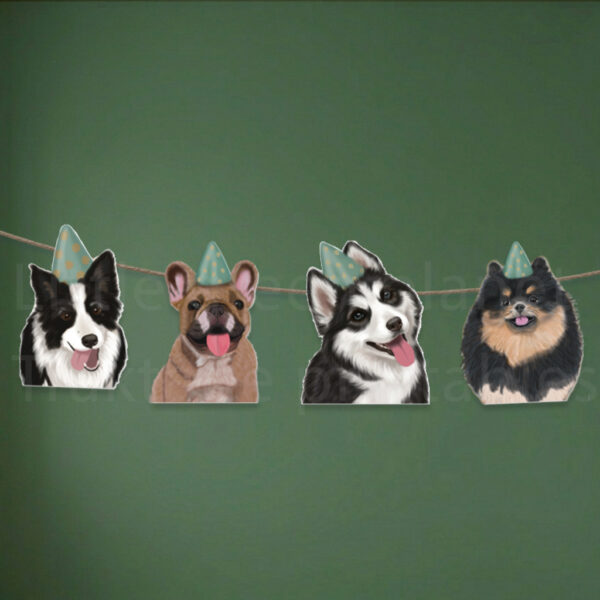 Honden feestslinger – Printable. Pawty time banner. Verjaardagsslinger. Kinderfeestje honden thema. Verjaardagsslinger printen. Border collie, Husky, French Bulldog, Pomeriaan.