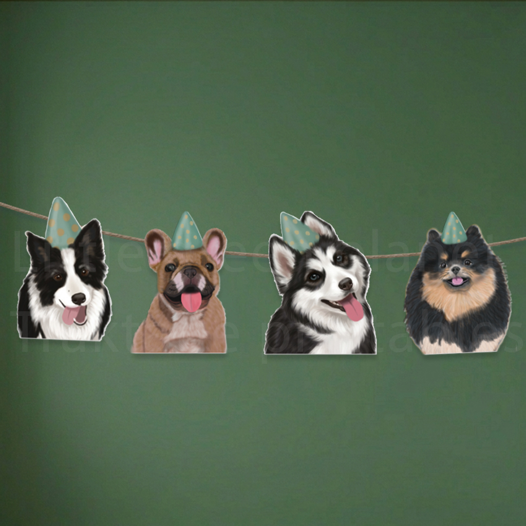 Honden feestslinger – Printable. Pawty time banner. Verjaardagsslinger. Kinderfeestje honden thema. Verjaardagsslinger printen. Border collie, Husky, French Bulldog, Pomeriaan.
