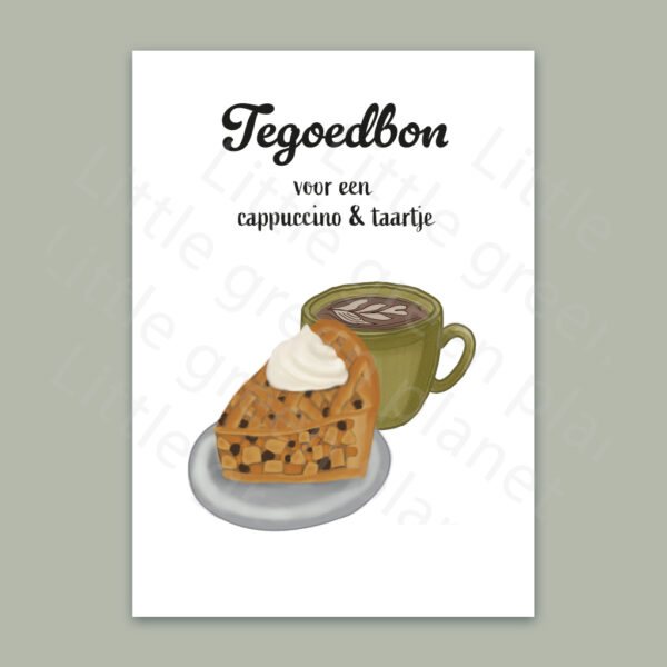 Tegoedbon cappuccino en taartje - Printable. Tegoedbon koffie met gebak. Tegoedbon appeltaartje. Tegoedbon printen. Tegoedbon printable.