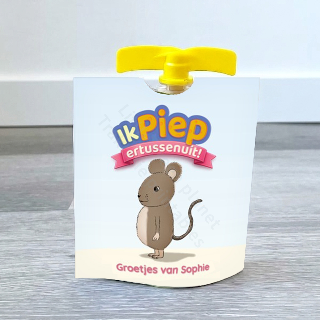 Ik piep ertussenuit - Traktatie wikkel voor knijpfruit - Muis - Printable . Afscheidtraktatie kdv. Afscheidstraktatie creche. Afscheid school. Knijpfruit traktatie. Meisje.
