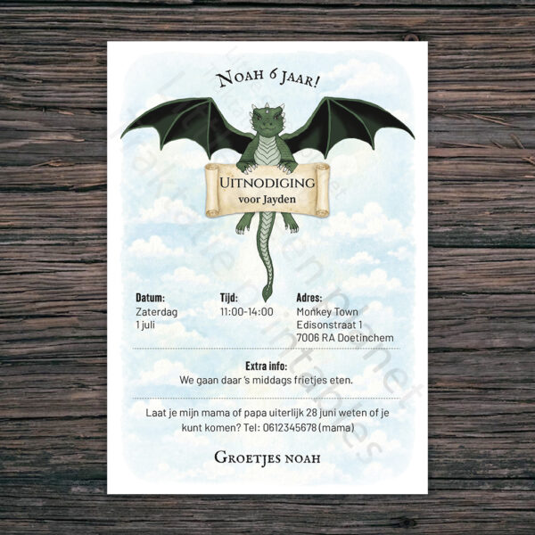 Uitnodiging kinderfeestje – Draak – Gepersonaliseerd – Printable. Uitnodiging printen. Uitnodiging printable. Draken thema feestje.