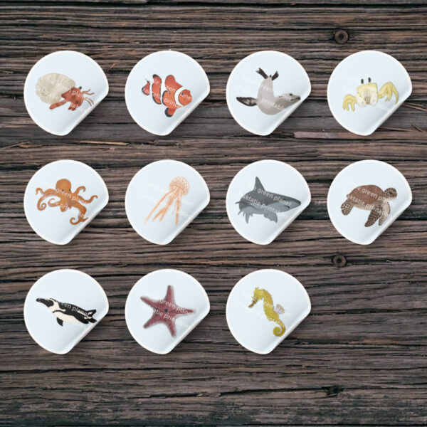 Zeedieren sluitstickers – 4 cm ronde stickers – Avery L3415‑10 – Printable. Traktatie stickers zeedieren. Onderwaterwereld thema. Strand traktatie. Zomer traktatie. Oceaan dieren stickers.