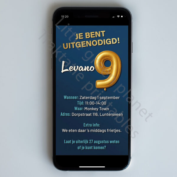 Digitale uitnodiging feestje (WhatsApp) – Gouden cijferballon. Whatsapp uitnodiging kinderfeestje neutraal.