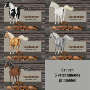 Traktatie labels – Paardenpoep – 5 verschillende paarden – Printables. Paarden traktatie. Paardenpoep traktatie.