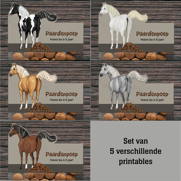 Traktatie labels – Paardenpoep – 5 verschillende paarden – Printables. Paarden traktatie. Paardenpoep traktatie.