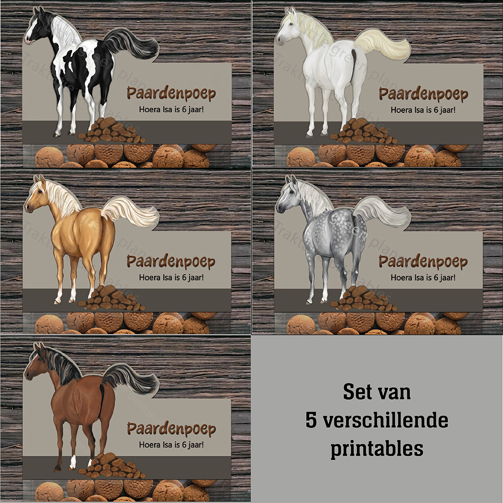 Traktatie labels – Paardenpoep – 5 verschillende paarden – Printables. Paarden traktatie. Paardenpoep traktatie.