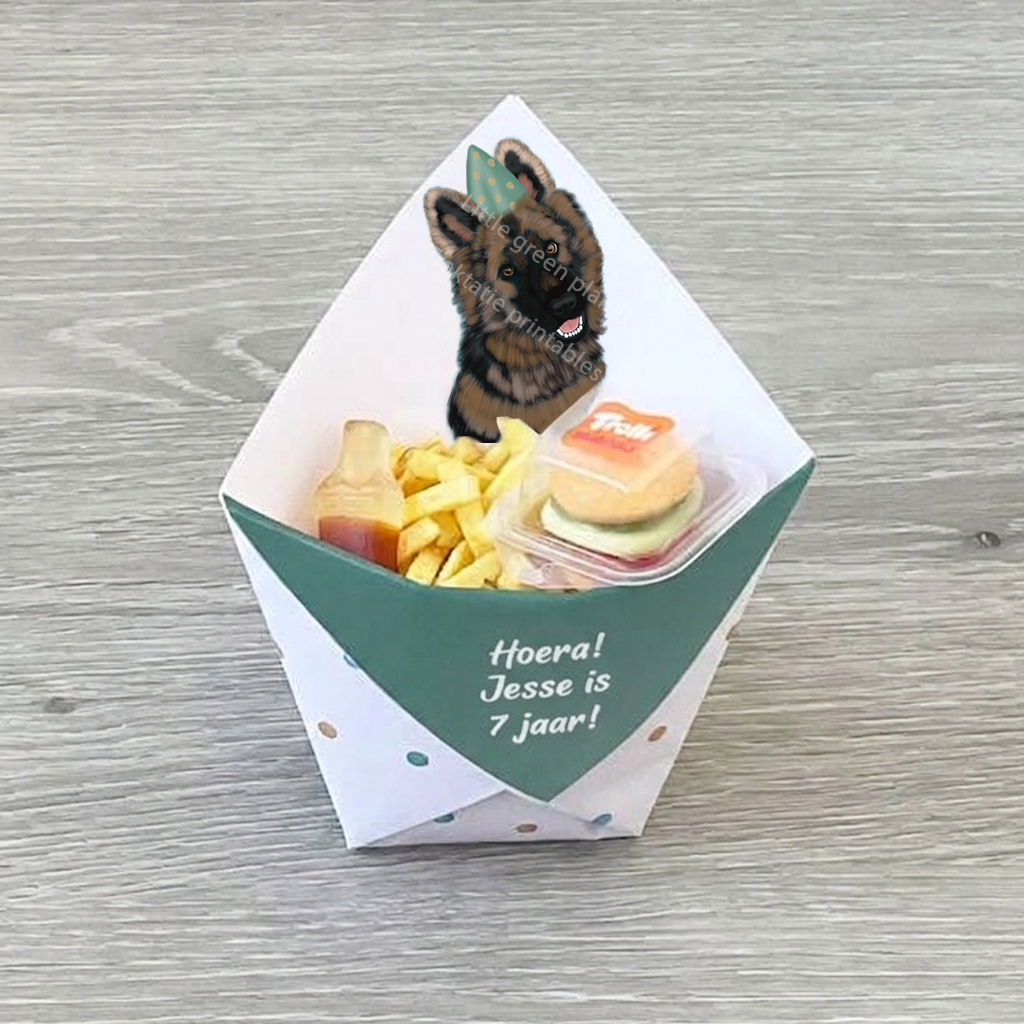 Traktatie zakje - Hond - Duitse herder - Printable. Honden traktatie maken. Traktatie school hond. Traktatie kinderdagverblijf hond. Honden traktatie verjaardag. Traktatie zakjes papier.