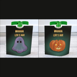Halloween traktatie wikkels voor knijpfruit – Pompoen en spook – Printable. Halloween knijpfruit. Gezonde Halloween traktatie. Traktatie maken, diy.