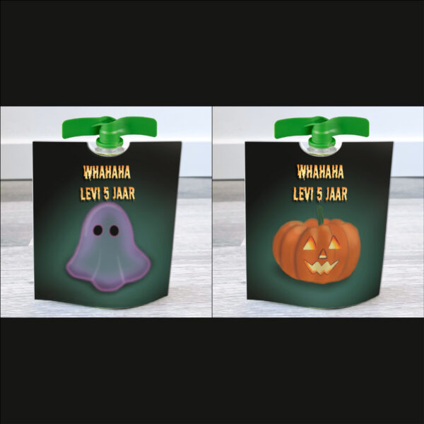Halloween traktatie wikkels voor knijpfruit – Pompoen en spook – Printable. Halloween knijpfruit. Gezonde Halloween traktatie. Traktatie maken, diy.